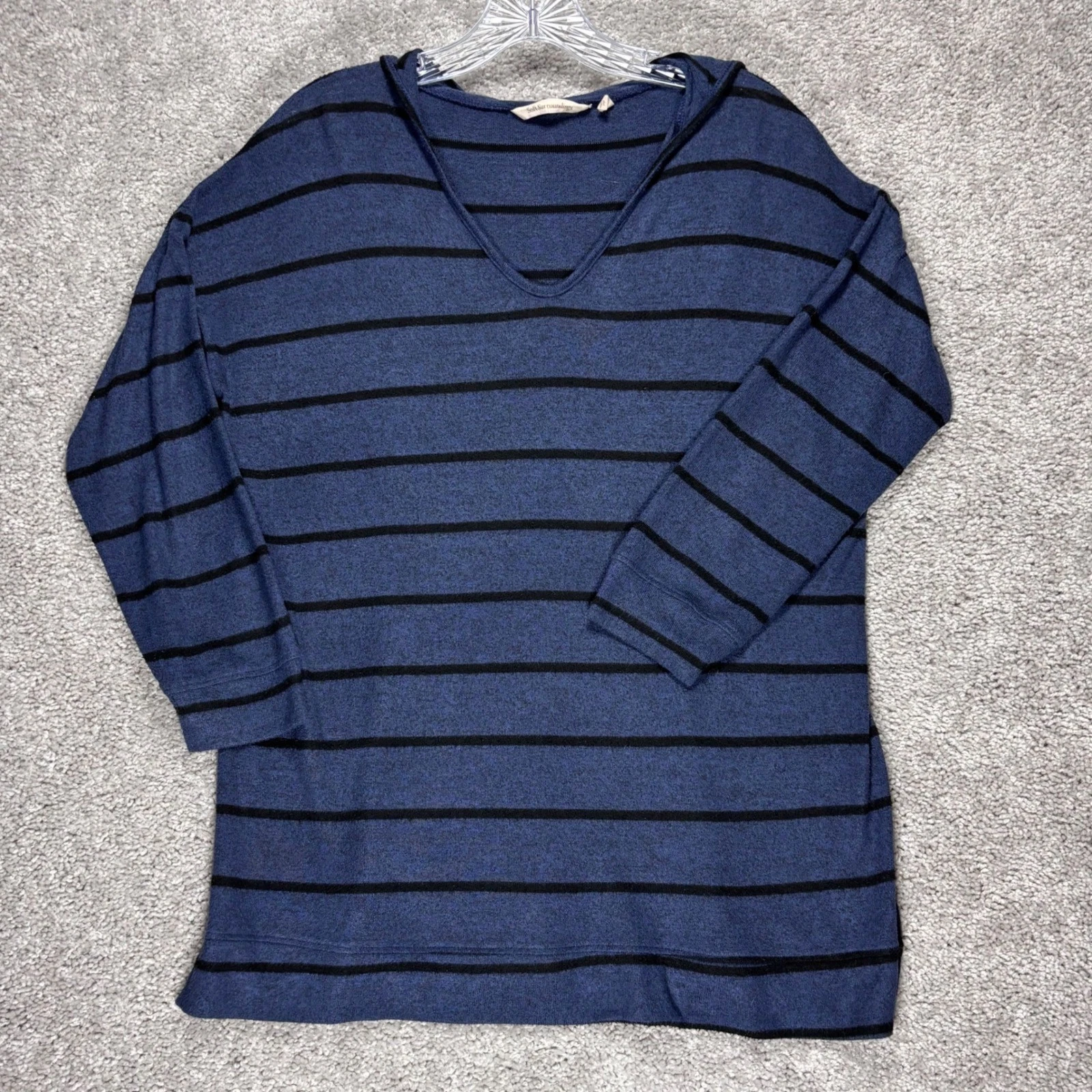 Soft Surroundings Blue Striped V-Neck Hooded Knit Top 2BD67 Womens Large L USA