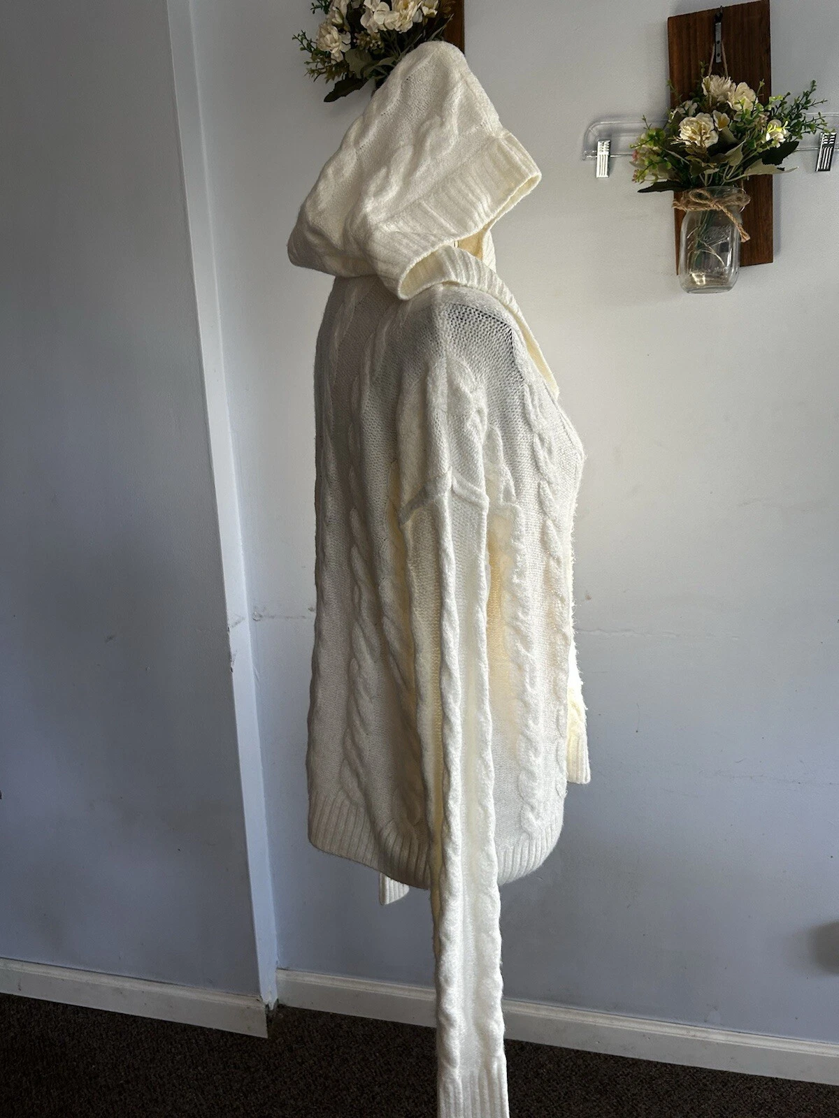 OFF WHITE So Maglione Donna Felpa Con Cappuccio Intrecciato Maglia Avorio Super Morbido Preppy Cottage M