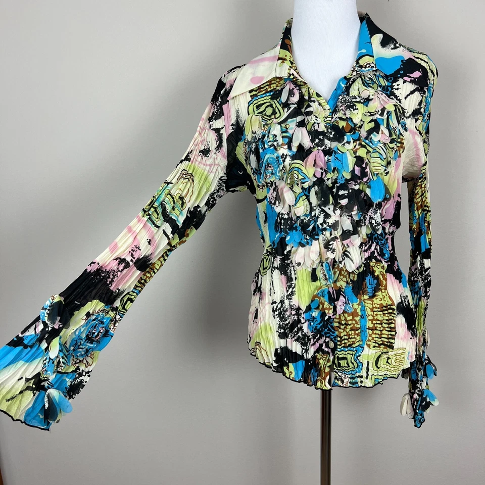 Kaelyn Max Blouse Top Women Medium Multicolor Crinkle Fringe Button Up Sheer Art - Image 2 of 4