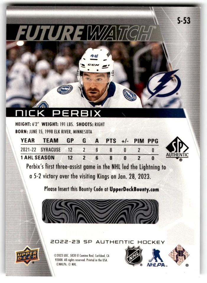 Nick Perbix 2022-23 SP Authentic Spectrum FX Rookie #S-53 Tampa Bay Lightning - Image 2 of 2
