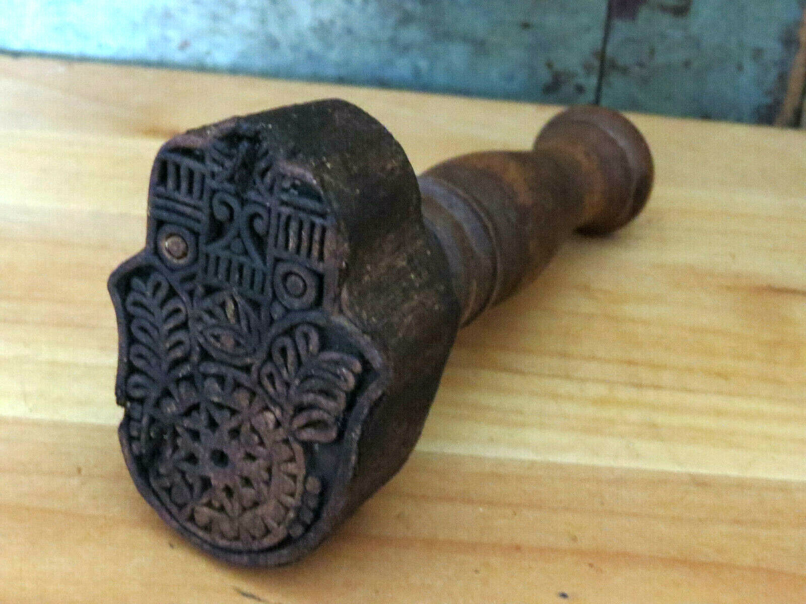 Primitive PA Dutch Carved wood Frozen Snowflake in Hand Butter Mold Stamp Press