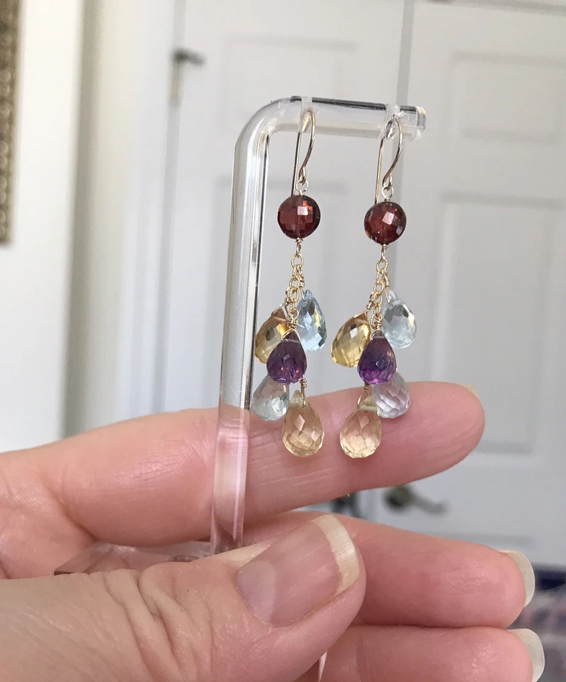 14K Gold Multi Gemstone Earrings Dangle Drop Briolette Aquamarine Citrine Topaz Foto 4 de 4