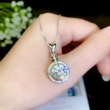 Halo Necklace Pendant Free Chain 14K White Gold Over 2 Ct  Round Cut Moissanite