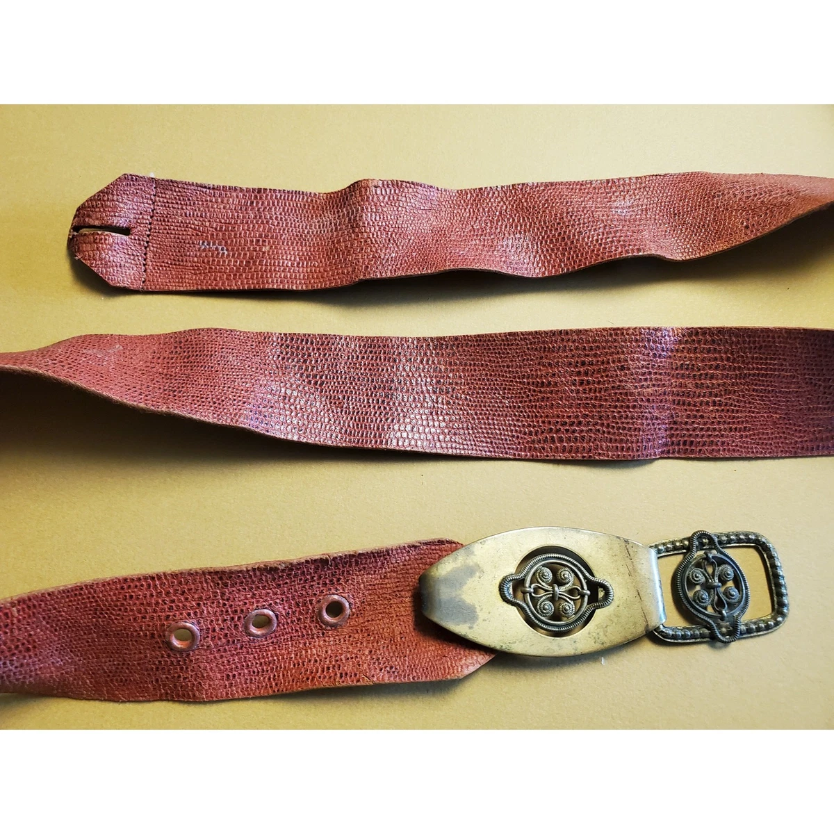 Vintage Magid Red Snakeskin Belt Gold Buckle 80s Glam Statement Belt M Burgundy Python Golden Snake Baby Belt - Claris Virot main image 4