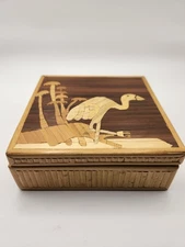 Vintage Straw Inlay Wooden Trinket Box Heron Design Handmade Bamboo Art Jewelry