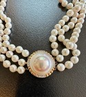 Triple Strand Pearl Diamond 14K Gold Necklace 36 Inch Opera Length 7mm Pearls — photo 3