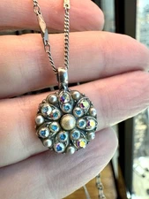 Mariana Swarovski Crystal Faux Pearl Silver Tone Guardian Angel Pendant Necklace