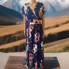 OUGES Dress Women's XXL Short Sleeve Faux Wrap Pockets Floral Maxi Cottagecore