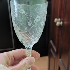 Etched Hand Blown Glass Wine Goblets Floral Pattern Clear Decorative Set