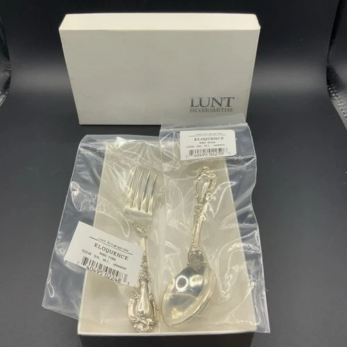 LUNT ELOQUENCE STERLING SILVER BABY SPOON & FORK  IN ORIGINAL PACKAGING