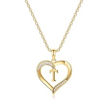 T Initial Heart Necklace for Women, 14K Gold Plated CZ Heart Pendant Necklace, M