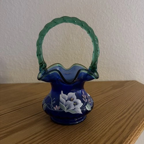 Beautiful Fenton Cobalt Blue HP Morning Glory Floral Rib Optic Basket Signed