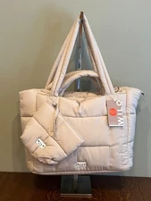 NWT Wilo Puffer Travel Tote Large Double Strap Light Beige / Clay