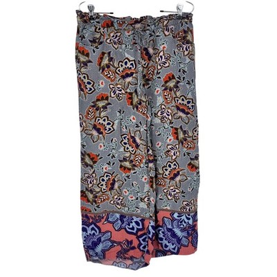 LOFT Paisley Floral Wide Leg Crop Pants Blue Orange Medium Boho Elastic Waist