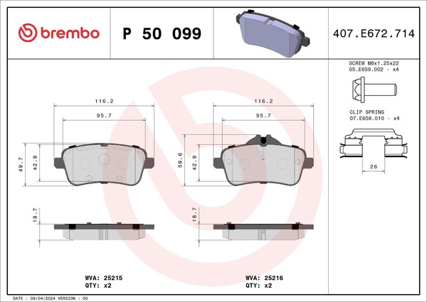 Bremsbelagsatz Scheibenbremse Prime Brembo P 50 099 FüR W176 X156 GLA C117 X117-image