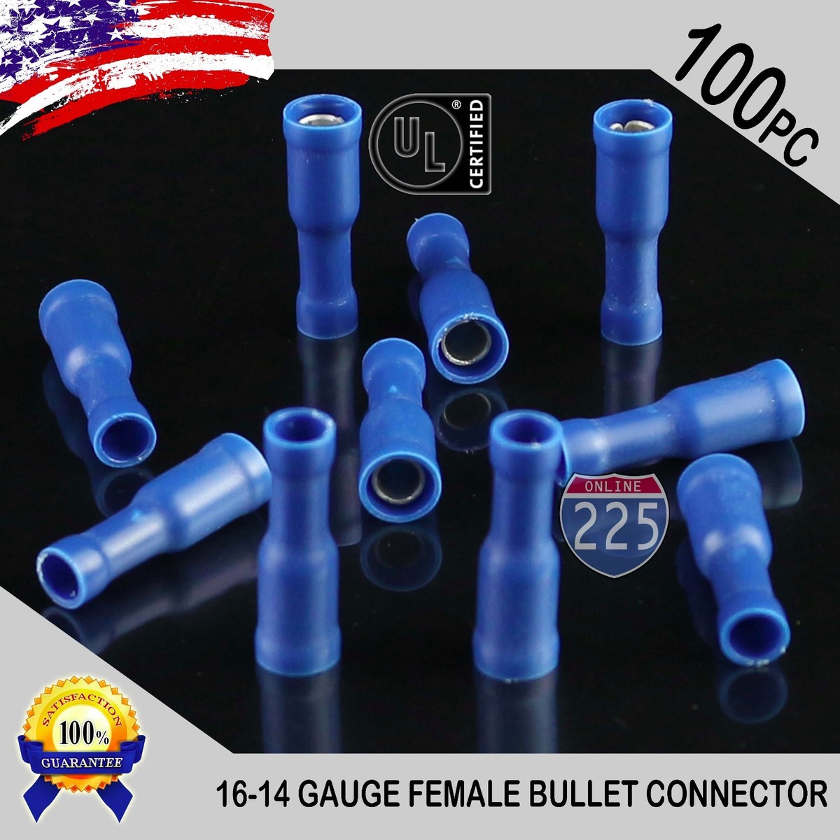100-Pack 16-14 Gauge Blue Female Bullet Connectors – Fully Insulated Vinyl – UL