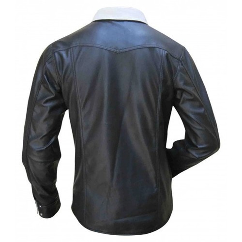 Men's Black & White Leather Shirt Soft Lambskin Leather Biker Leather Shirt-541 - Picture 2 of 14