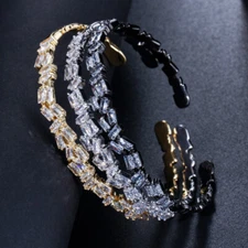 Yellow Gold Plated Adjustable Square Cut CZ Baguette Cuff Bangle Women Jewelry