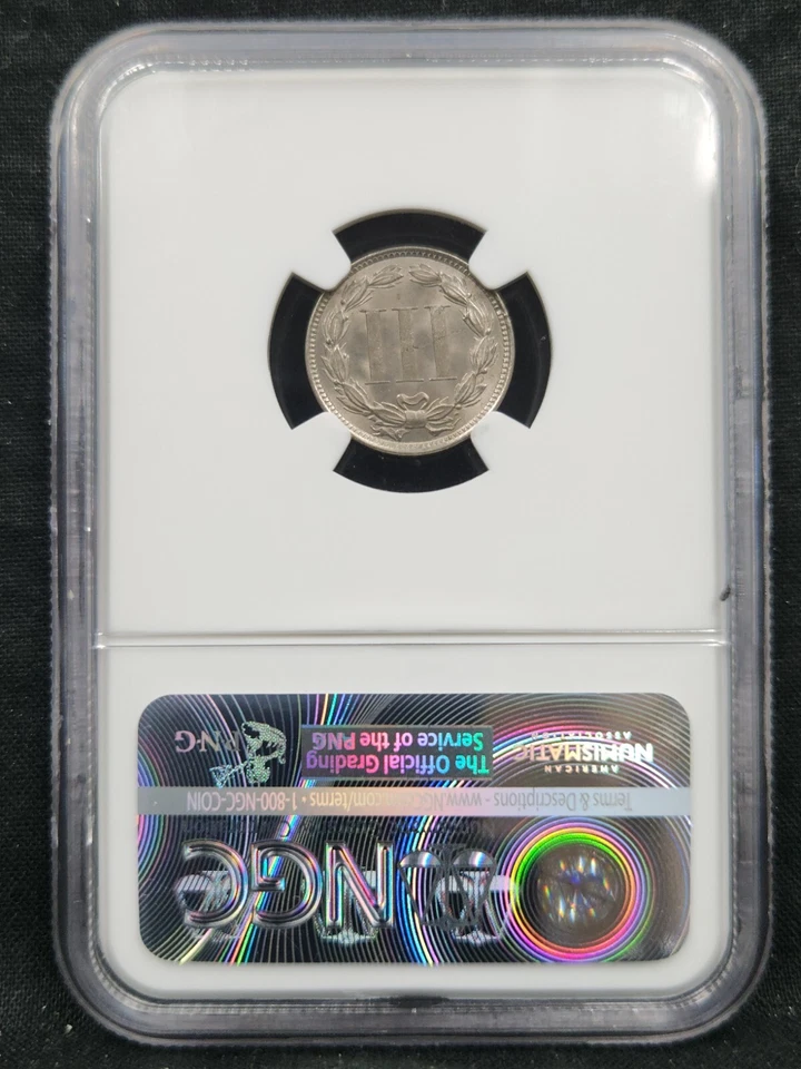 1873 Open 3 Three Cent Nickel Reverse Lamination Mint Error MS 64 NGC #2457 - Image 2 of 4