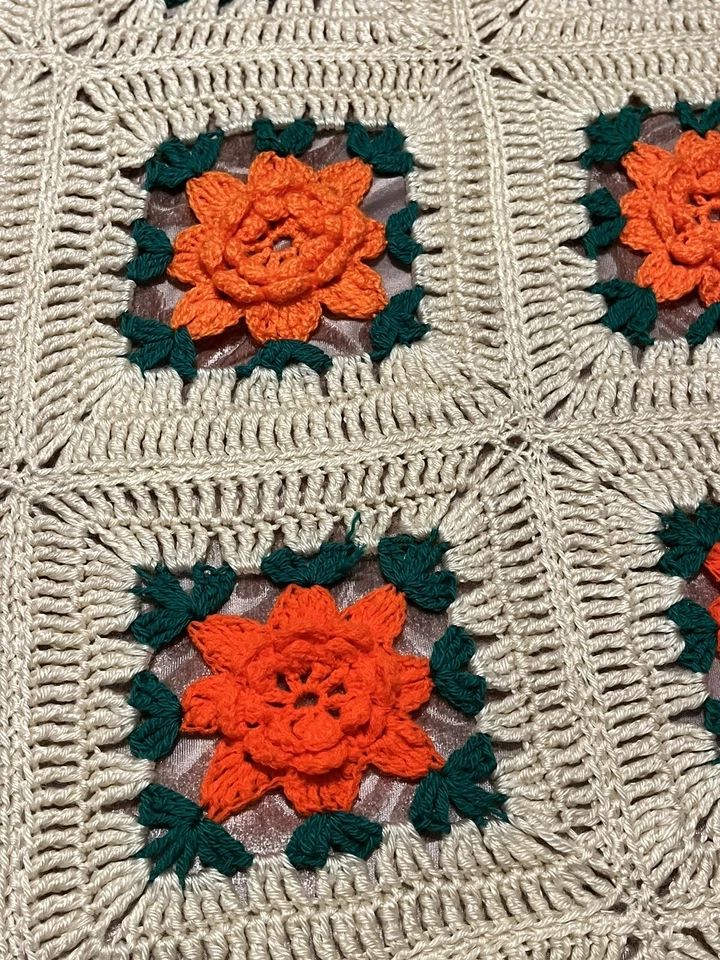 Vintage Crochet Quilt Granny Square Orange  3D Flowers Handmade 90 X 60 - Image 2 of 3