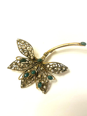 Alcozer and J .Flower Brooch  with Faux Jade and Pearls Vintage Italy