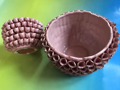 Art Pottery Planter Flower Pot with Attached Pedals Rose Sculpture Pink