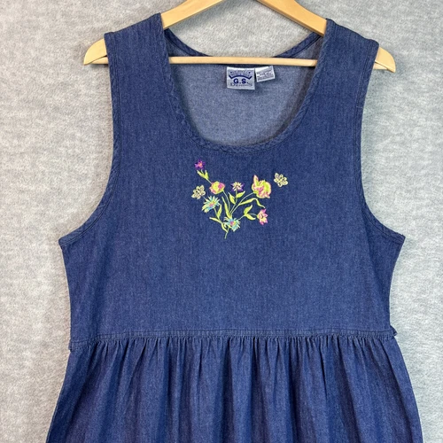 Vintage Denim Jumper Dress M Oversized Embroidered Tie Dark Wash Modest Maxi - Picture 3 of 13
