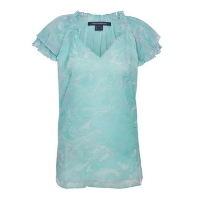 French Connection Endra Blouse XS Sheer Chiffon Glass Mint Frill Ruffle Flutter
