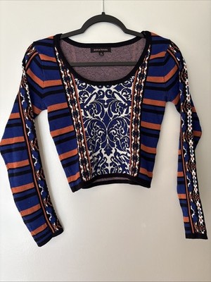Jealous Tomato Size S Blue Orange Floral Geometric Brocade Crop Top