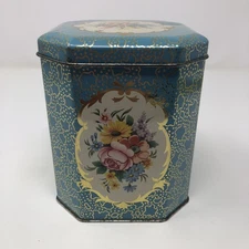 Blue Floral Vintage Tin Hinged Lid Collectible Decorative Storage