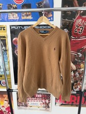Vintage Polo Ralph Lauren Mens 100 Lambswool Pony Logo Tan V Neck Sweater XL