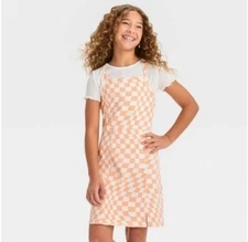 Art Class Dress Girls XL 14 Orange Checkered Over White Short Sleeve T-Shirt