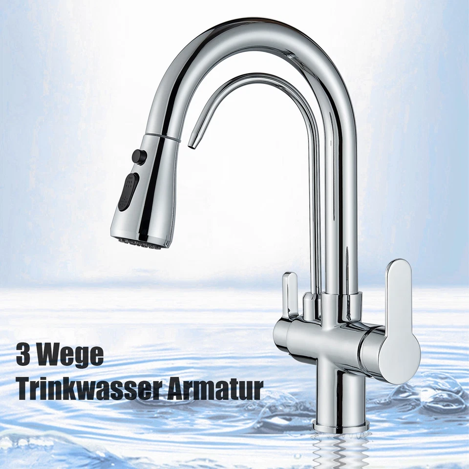 3 Way Kitchen Tap 360° Swivel 3 in 1 Kitchen Sink Tap, 2 Handles Stainless Steel - Image 3 of 4