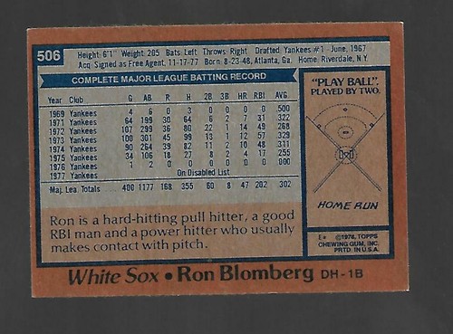 1978 Topps #506 Ron Blomberg Chicago White Sox VG-EX - Picture 2 of 2