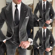 Gray Velvet Men's Slim fit Suits Peak Lapel Wedding Groom Party Blazer 3pcs