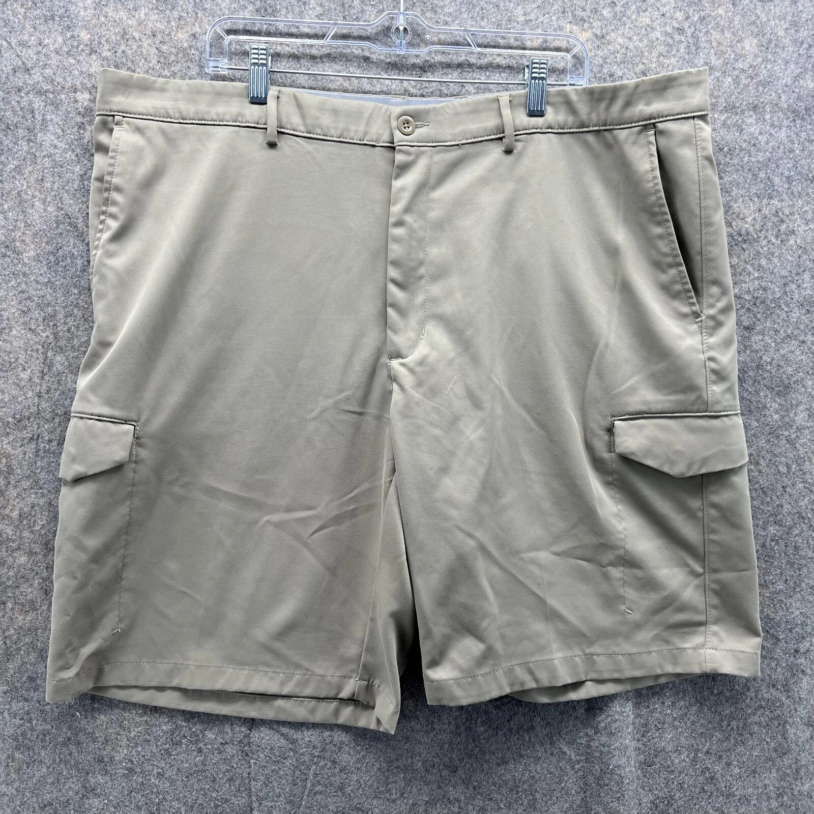 Greg Norman Shorts Men 42 Khaki Solid Flat Front Cargo Tasso Elba Polyester Knit