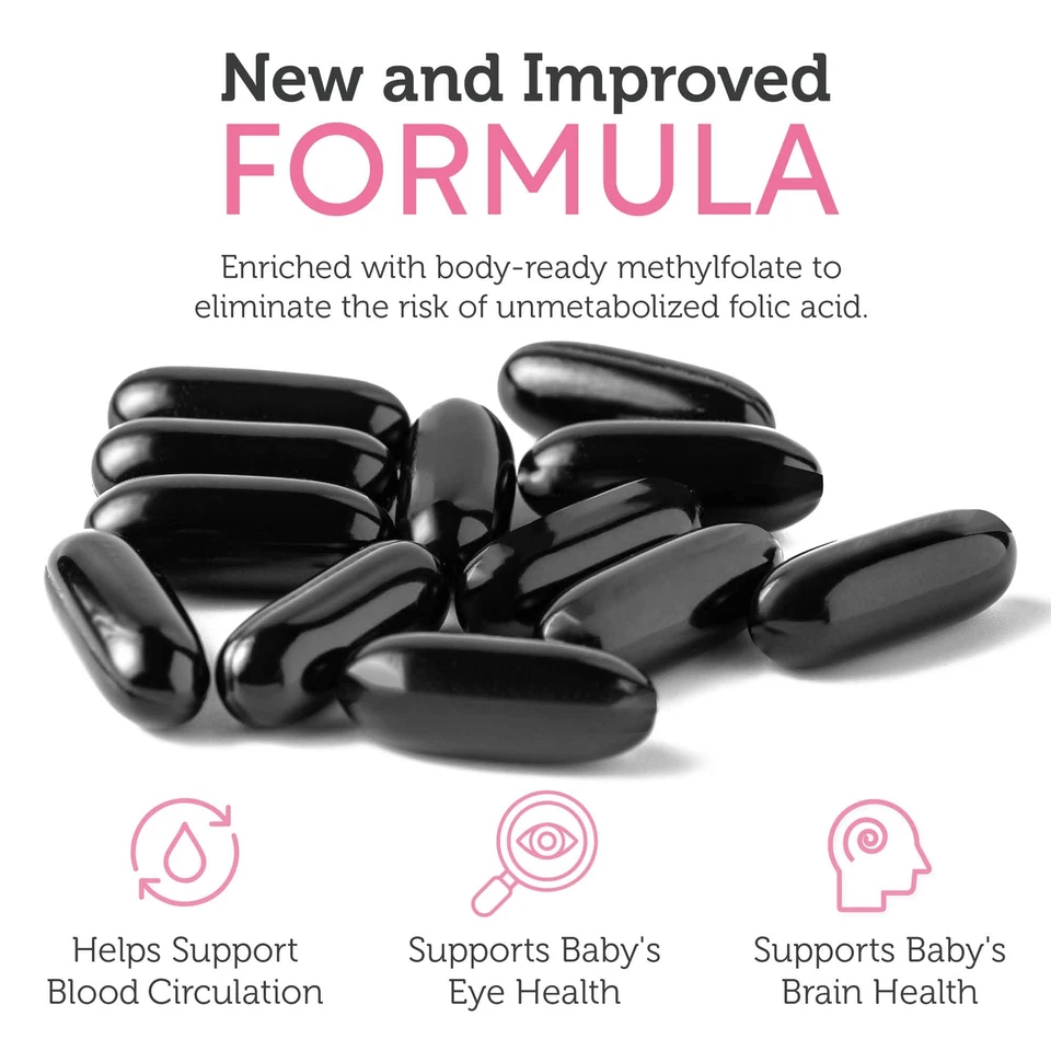 Vitaminas prenatales Zahler con DHA 60 unidades cápsulas blandas de metilfolato no transgénicas Foto 4 de 4