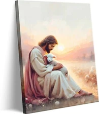 Jesus and Lamb Canvas Wall Art Jesus Christian Shepherds Save the Lamb Pictur...