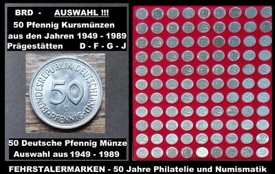 BRD - Auswahl - 50 Pfennig Kursmünzen Jahre 1949-1989 Prägestätten D - F - G - J