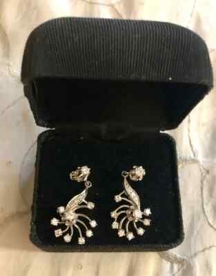 Vintage 14K White Gold Diamond Star Burst Swirl Dangle Earrings