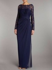 Adrianna Papell Illusion Sleeve Draped Mesh Gown Sz 6 Navy