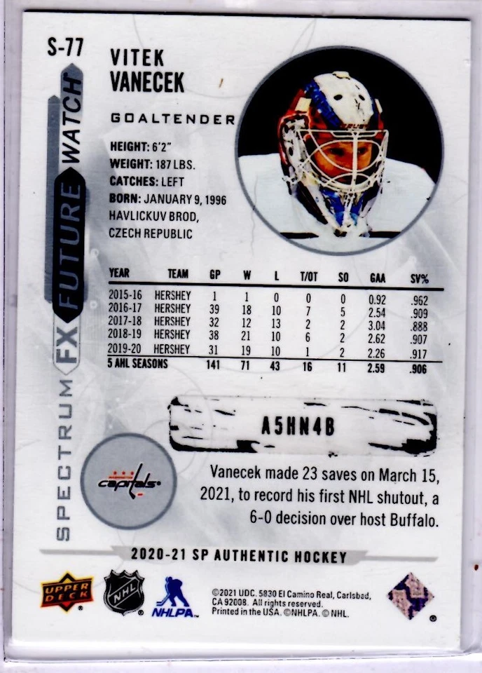 2020-21 UD SP Authentic Vitek Vanecek Spectrum FX Future Watch Card # S-77 - Image 2 of 2