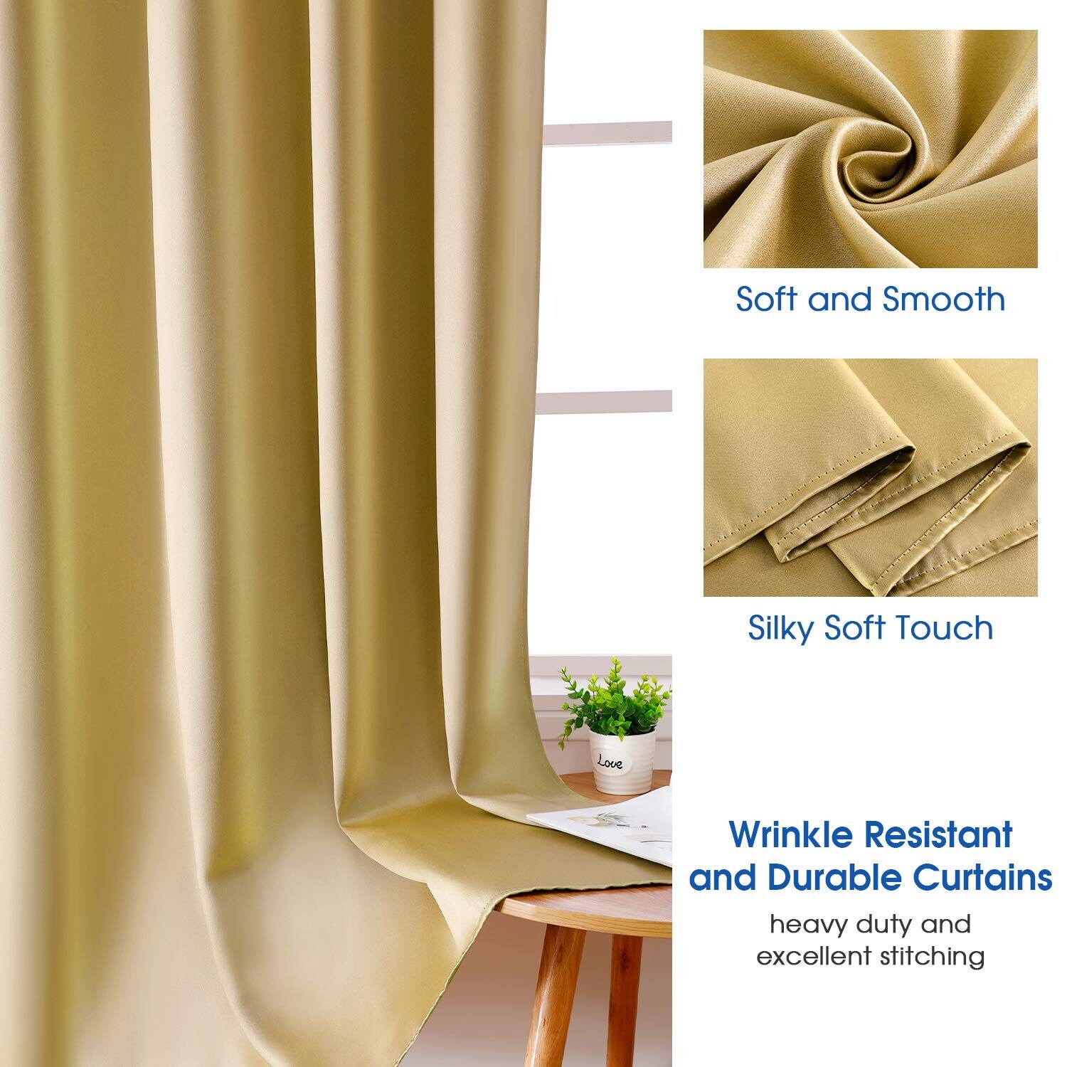 HOMEIDEAS 2 Panels Gold Faux Silk Blackout Curtains, 52 X 84 Inch Room Darken...