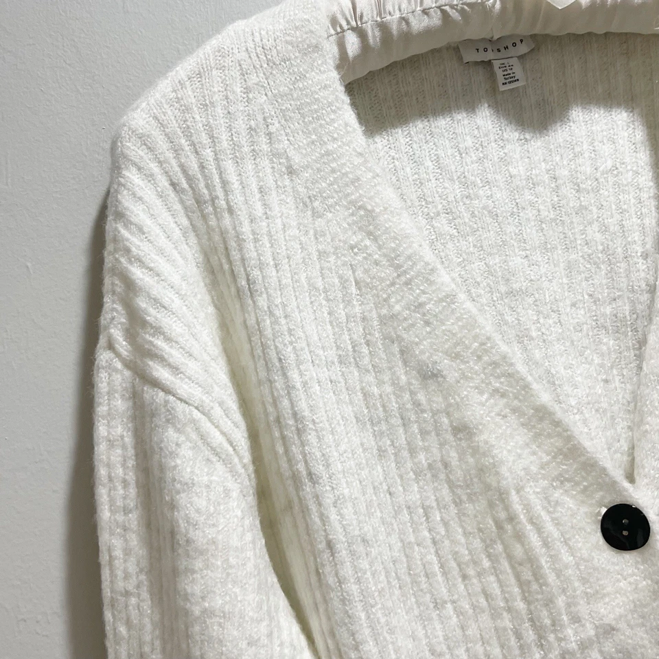 Cárdigan para mujer TOPSHOP gris claro acanalado súper suave cuello en V 5 botones talla 12 Foto 2 de 4