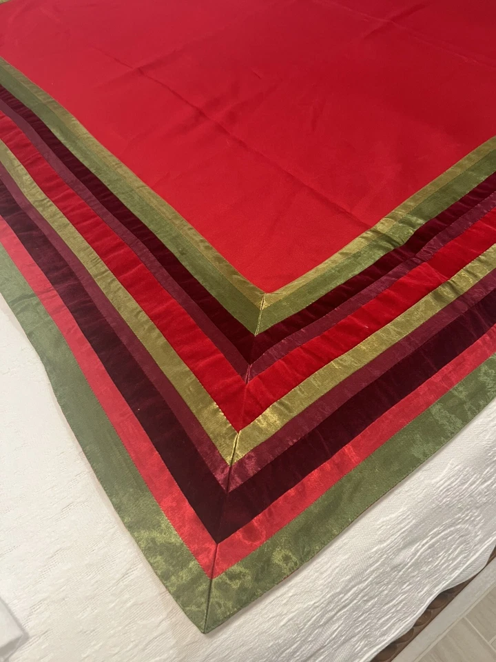 Crate & Barrel Rossetti Square Tablecloth 60” X 60” Red With Stripe Ribbons - Image 4 of 4