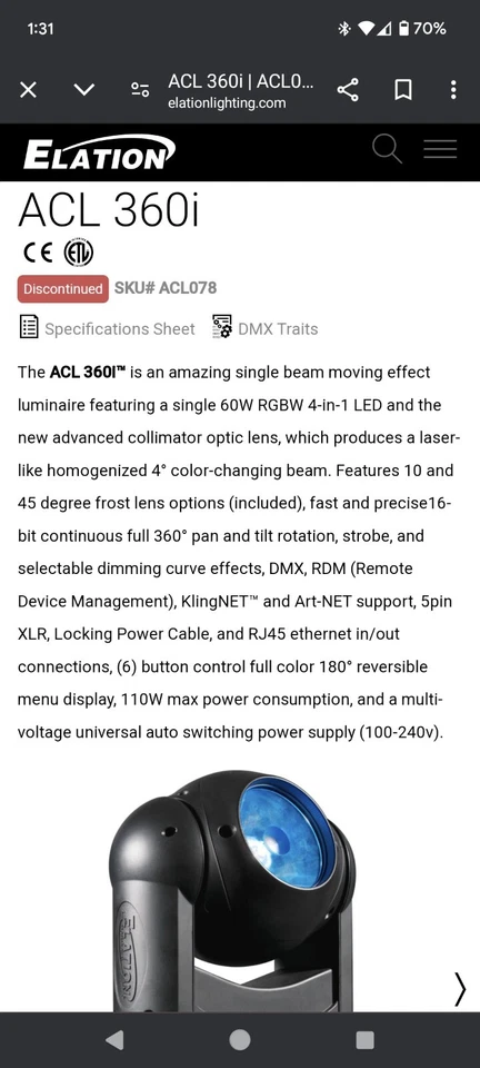 Elation ACL 360i 60W 4-in-1 RGBW LED Spot Single Beam Moving Effect Light - Used - Image 4 of 4