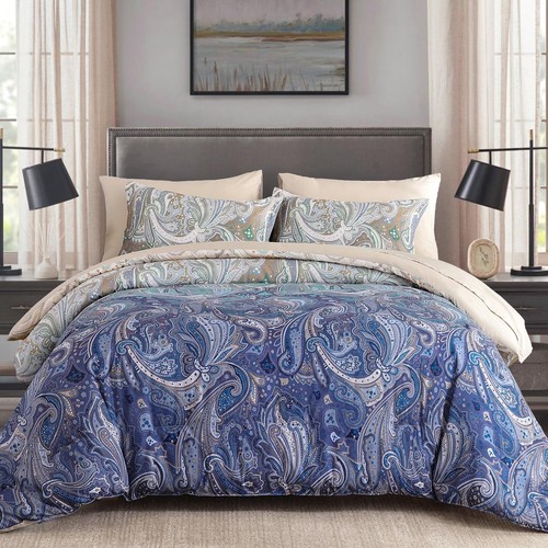 DJY Paisley Queen Comforter Set, 7 Pcs Khaki and Purple Blue Gradient Comfort...