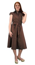 Pure Cotton Button Up Vintage Tea Party Swing Dress Fabric Belt Brown X-Large