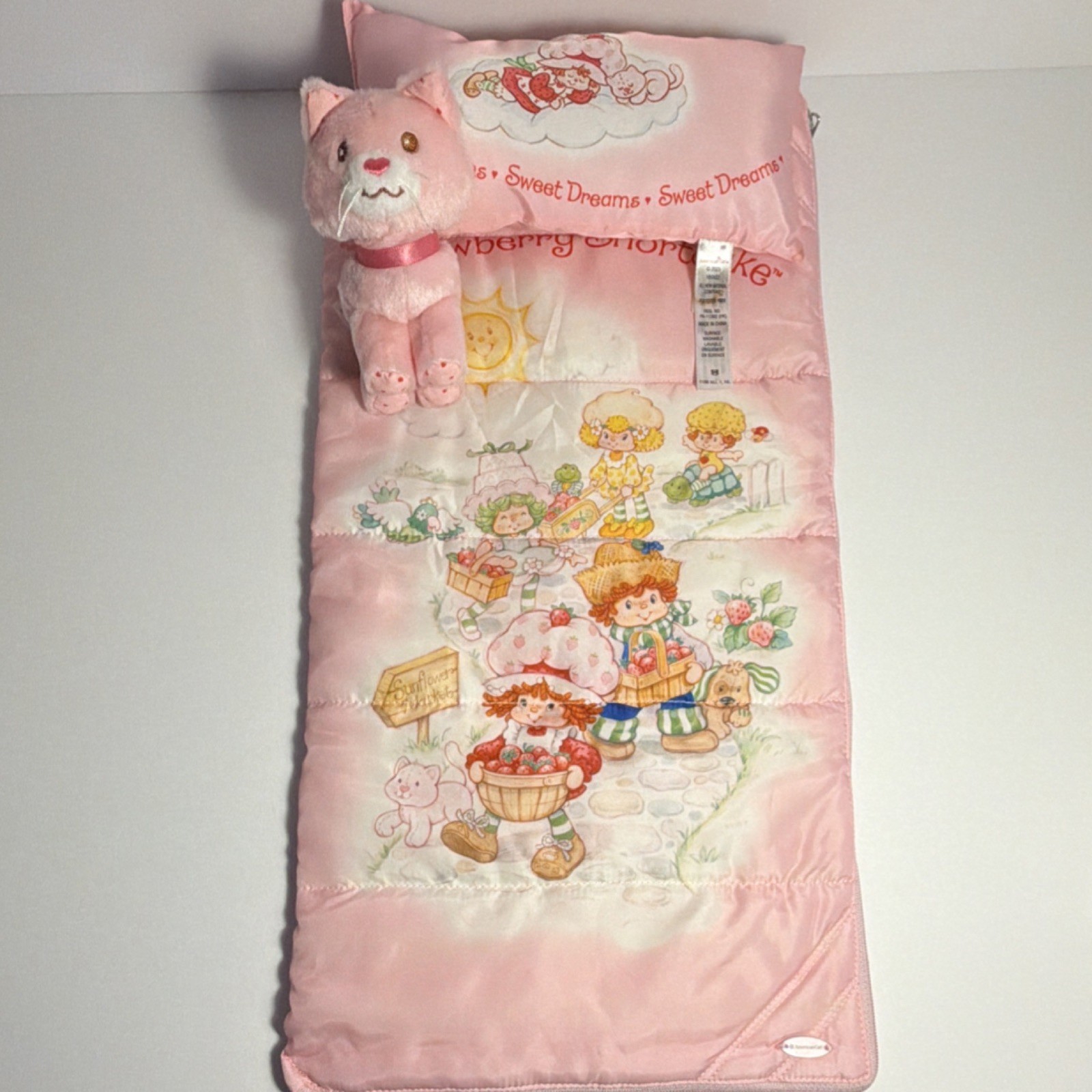 American Girl Strawberry Shortcake Sleeping Bag Pillow Plush Cat Set Pink