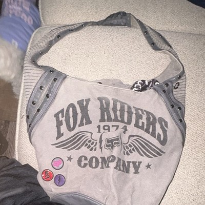 Fox Gray Studded Zip Shoulder Bag Logo Pattern Detachable Strap Lined